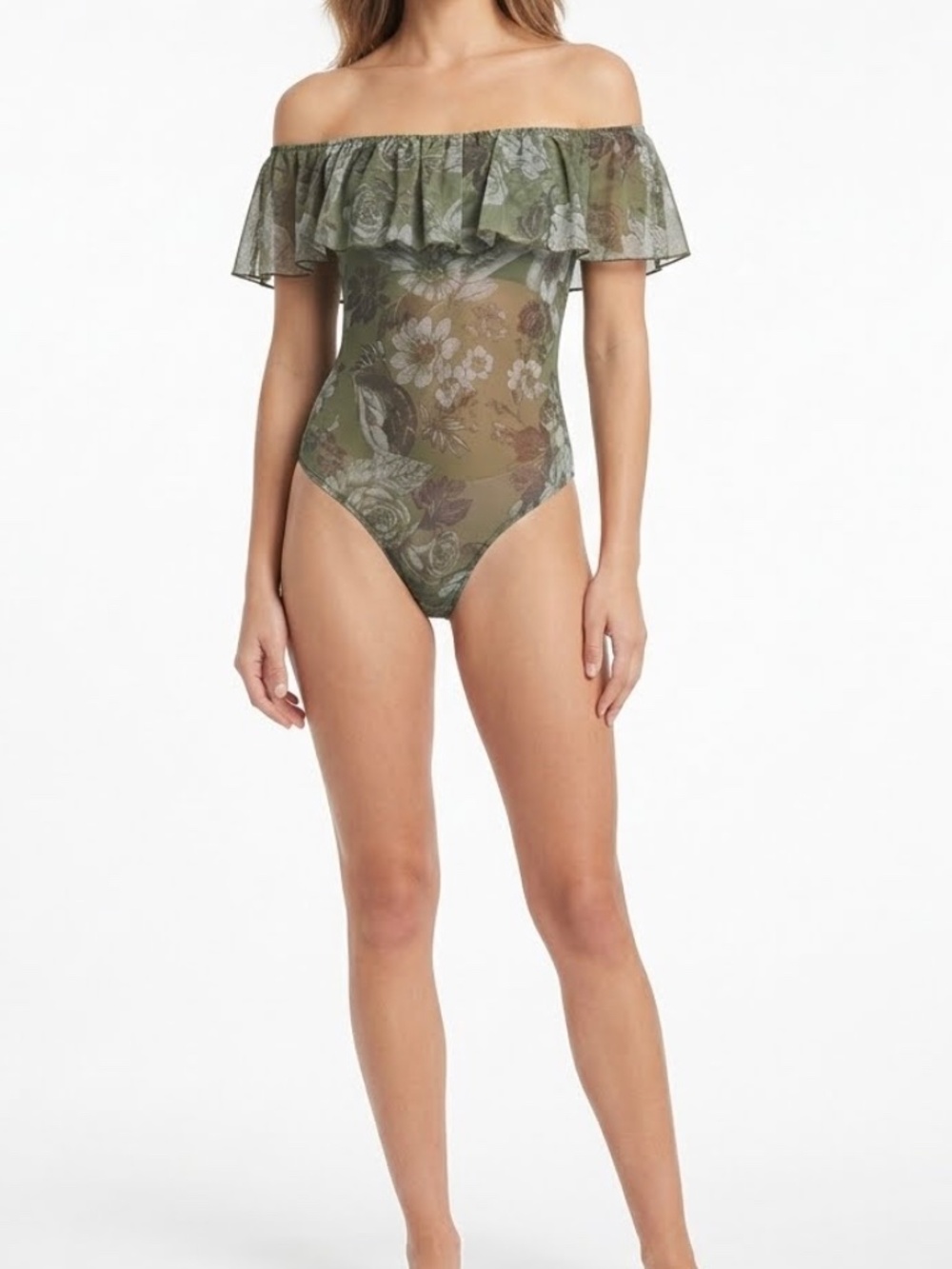 bebe Olive Green Floral Mesh Ruffle Off-The-Shoulder Bohemian Bodysuit XS